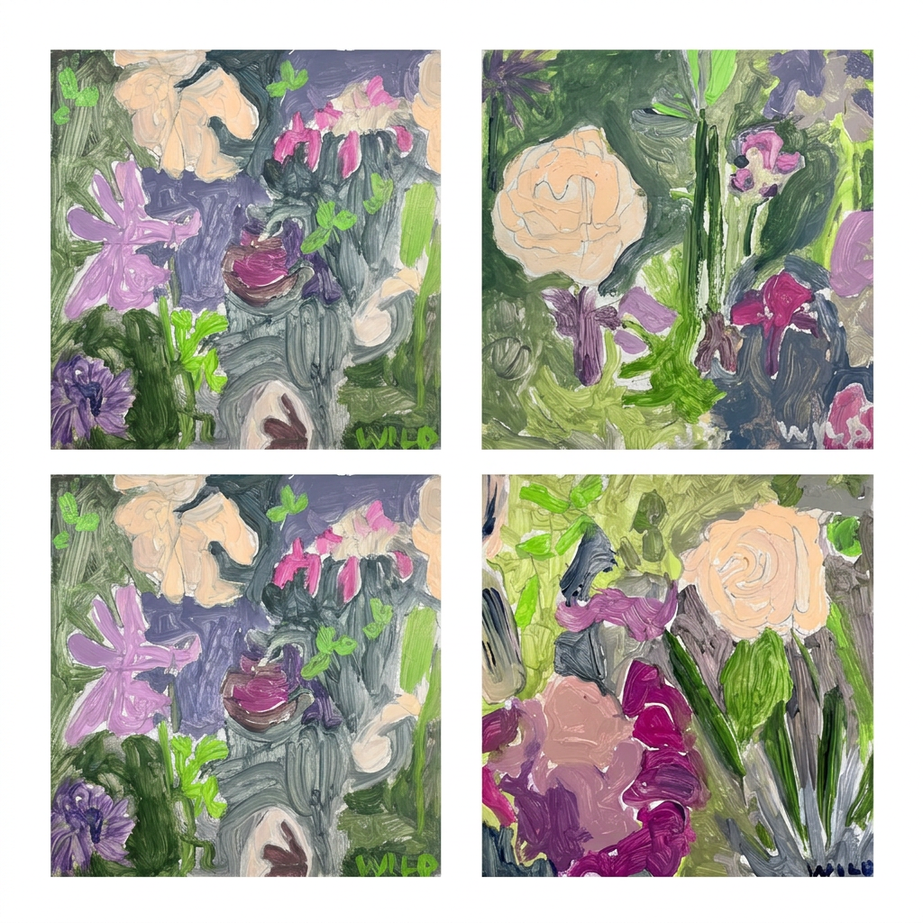 Four paintings arranged in a square layout
