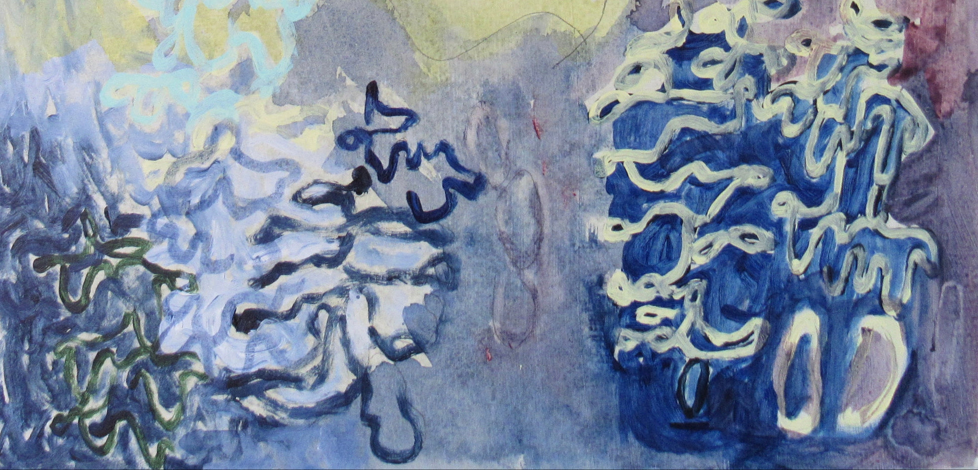 Abstract artwork with mountains and trees in pastel colors